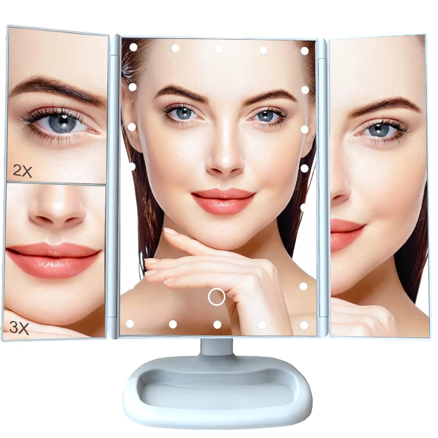 Makeup Mirror Vanity Mirror with 22 LED Lights, 1X 2X 3X 10X Magnification, Lighted Makeup Mirror, Touch Control, Trifold Makeup Mirror(White)