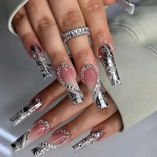 Press on Nails Long Square Fake Nails Silver French False Tip with Rhinestones Charms Design Glue on Nails 3D Heart Stick on Nails Elegant Glitter Glossy Acrylic Nails for Women Manicure 24Pcs