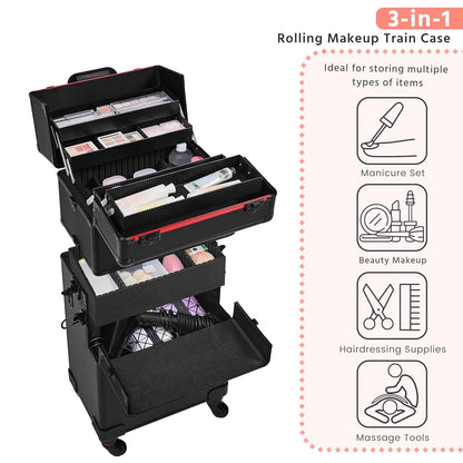 Makeup Train Case 3 in 1 Professional Cosmetic Trolley Multi-Functional Organizers Large Storage Traveling Cart Trunk for Nail Tech - Black