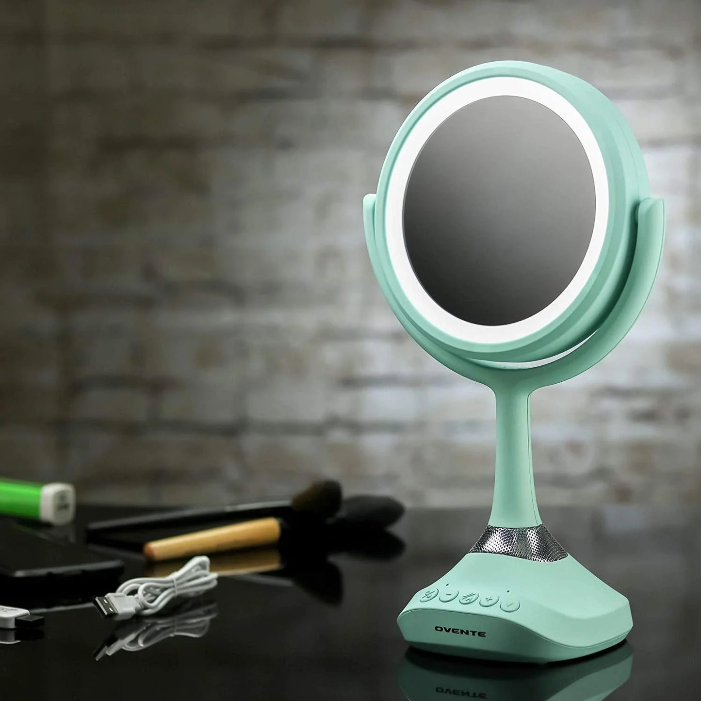 6" Lighted Tabletop Mirror, 1X & 5X Magnifier, Adjustable Spinning Double Sided round LED, Built-In Wireless Speaker and MP3 Audio, Rechargeable, USB Operated, Blue MRT06BL1X5X