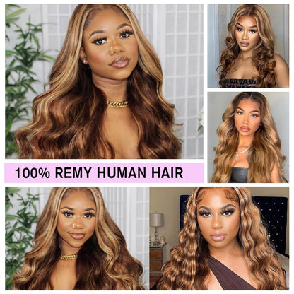 Ombre Lace Front Wig Human Hair 4/27 13X4 HD Body Wave Highlight Lace Front Wig Human Hair Pre Plucked with Baby Hair 180% Density Glueless Lace Front Wigs Human Hair 20Inch