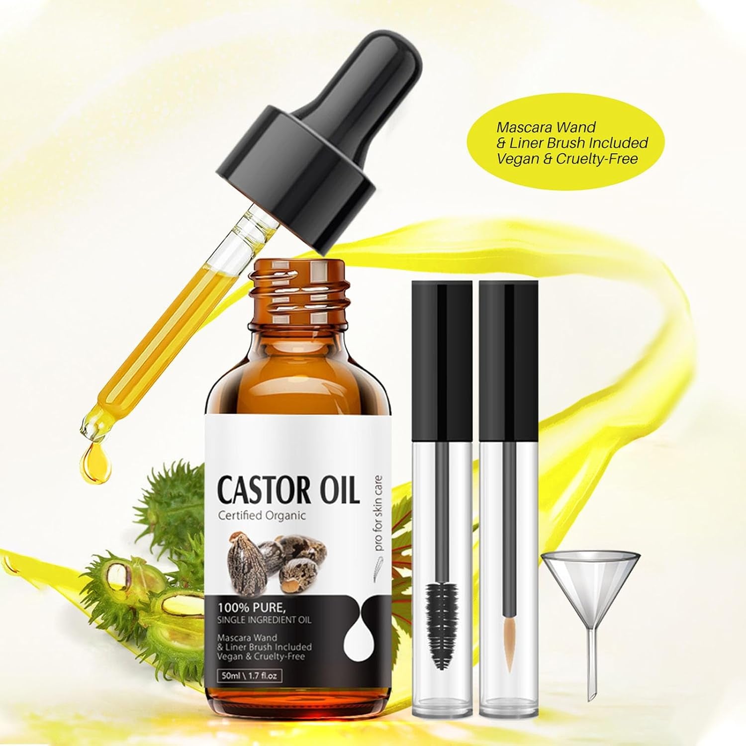 Castor Oil for Eyelashes Growth, 100% Organic Pure, with Mascara Tube, Serum for Long Thick Eyelashes, Hair Growth, Face and Body Skin Moisturizer, Nail Care, Travel Friendly