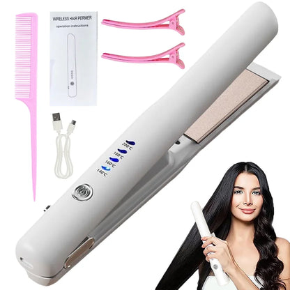 Professional 1.18 in Ceramics Flat Iron Hair Straightener, Wireless, Rechargeable, Portable, USB, White