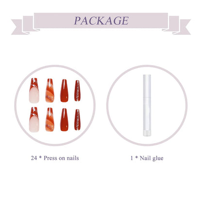 Coffin Press on Nails Long Fake Nails Glossy Glue Nails Brown Fall Acrylic Nails Ballerina Manicure Stick on False Nails for Women and Girls