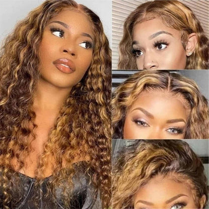 18Inch Ombre Highlight Lace Front Human Hair Wigs Brazilian Water Wave 13X4 Lace Front Curly Human Hair Wig Pre Plucked with Baby Hair Curly Wig for Women 150% Density 4/27 Honey Blonde Color