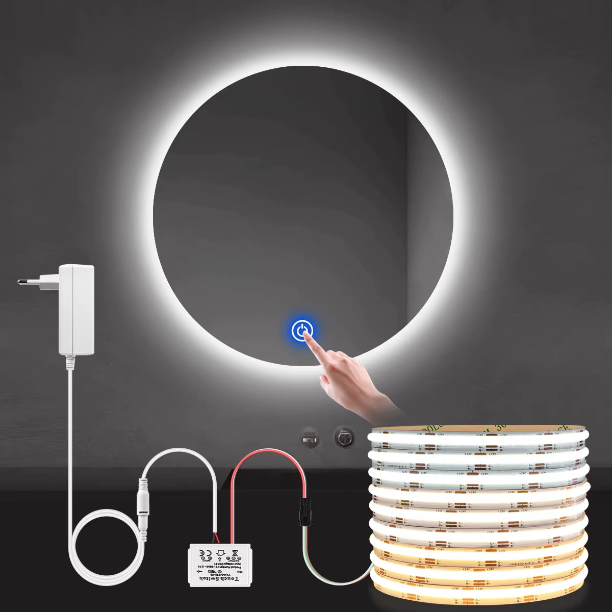 DC24V COB LED Strip Penetrable Glass Touch Dimmer Swtich Makeup Vanity Light DIY Bathroom Dressing Table Mirror Backlight Decor