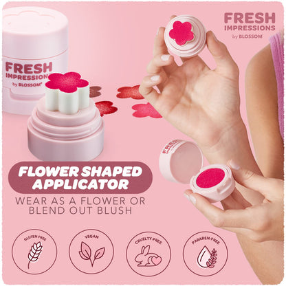 Fresh Impressions Hyper Pigmented Buildable Blendable Cushion Cream Blush Face Tint Cheek Stamp with Velvet Matte Finish & Flower Shaped Applicator, 0.17Oz/5G, Peony Punch