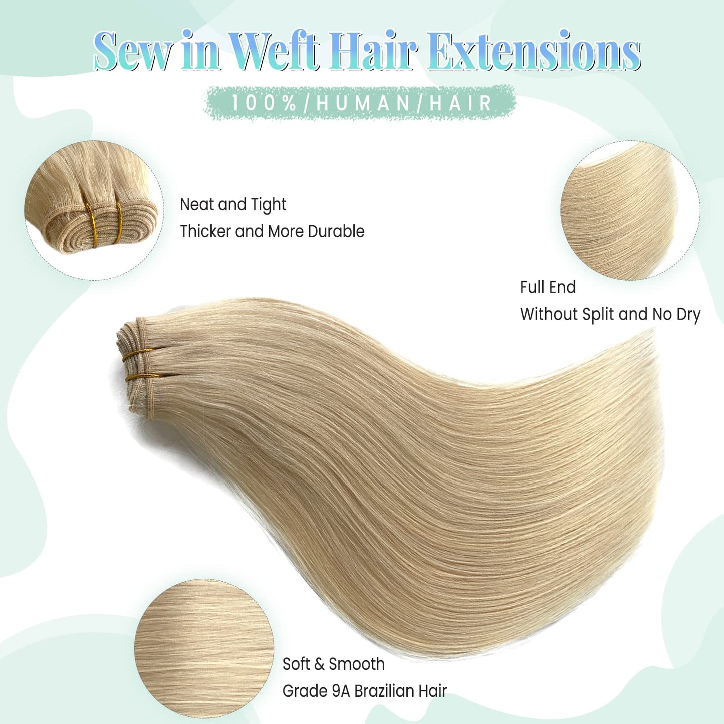 Sew in Hair Extensions Real Human Hair, Blonde Weft Hair Extensions Human Hair Bundles 100G 20 Inch Hand Tied Weft Hair Extensions Human Hair Weft Weave Extensions for Women