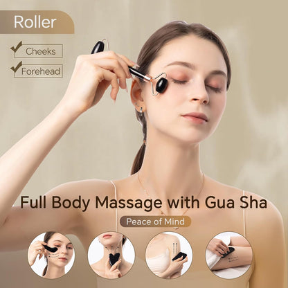 Natural Jade & Obsidian Gua Sha Set of 4 - Premium Face Sculpting Tools with Jade Roller for Jawline Definition, Double Chin Reduction & Lymphatic Drainage - Women'S Anti-Aging Skincare Kit