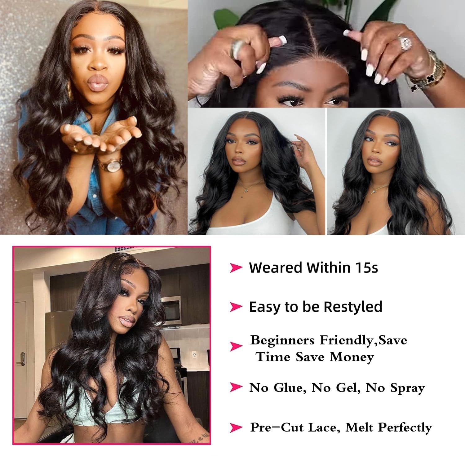 Glueless Wigs Human Hair for Beginners 4X4 Hd Closure Wigs Human Hair Upgraded No Glue Body Wave Lace Front Wigs Human Hair for Woman (8Inch)