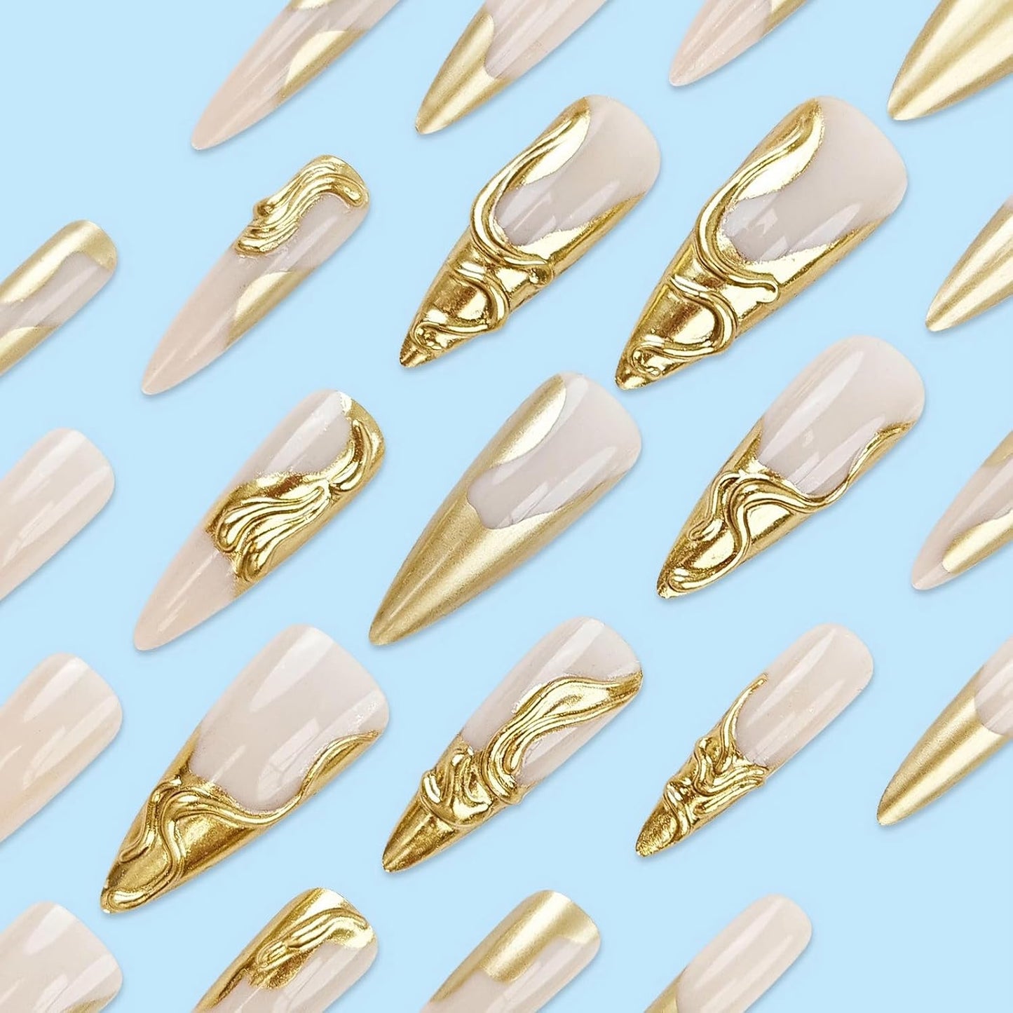 Press on Nails Long Stiletto Fake Nails Glossy Glue on Nails 3D Gold Chrome Acrylic Nails Almond Artificial Nails French Tip Stick on False Nails with Design 24 Pcs