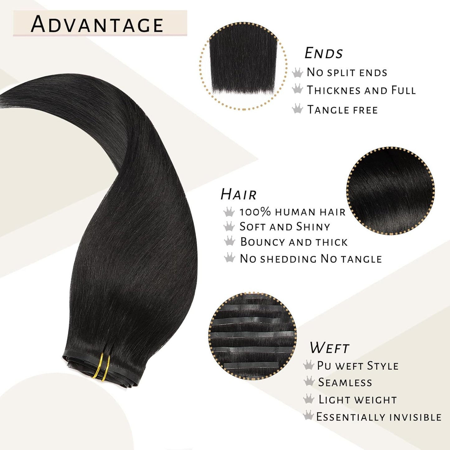 18Inch Jet Black Seamless Human Hair Extensions Ultra Invisible Skin Weft Clip Ins 7Pcs 110Gram Black Hair Extensions Remy Human Hair Full Head PU Clip on Straight Hair Extensions