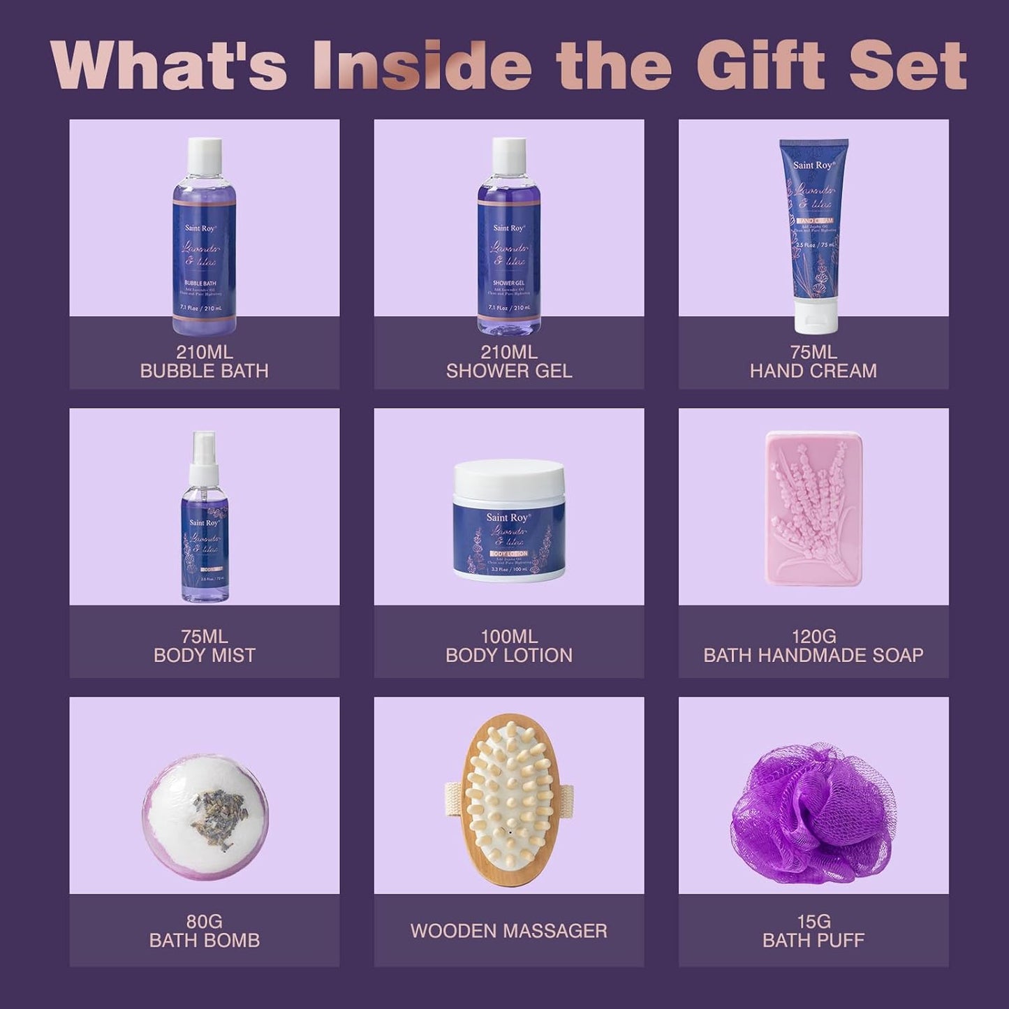 Bath and Body Gift Basket for Women and Men, Gifts for Her Birthday Gifts for Women, Lavender Relaxing Spa Gifts Basket Set, Self Care Gift Unique Idea for Mom Her with Massage Body Rush, Bath Bomb