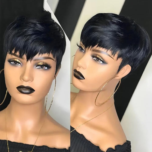 Pixie Wigs Human Hair Wigs with Bangs Short Layered Pixie Cut Wigs for Black Women Brazilian Virgin Staight Human Hair Wigs for Women Glueless Wigs Natural Black Color (1B Color)