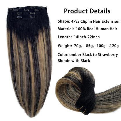 Balayage Lace Clip in Hair Extensions Omber Black with Blonde Highlights Human Hair Clip in Extrnsions 16Inch 100G Blonde Highlights Double Weft Lace Clip on Extensions for Women