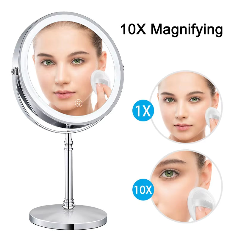 8 Inch Gold Makeup Mirror with Light USB Charging 10X Magnifying Vanity Mirror Backlit Adjustable Light Standing Cosmetic Mirror