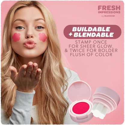 Fresh Impressions Hyper Pigmented Buildable Blendable Cushion Cream Blush Face Tint Cheek Stamp with Velvet Matte Finish & Flower Shaped Applicator, 0.17Oz/5G, Peony Punch