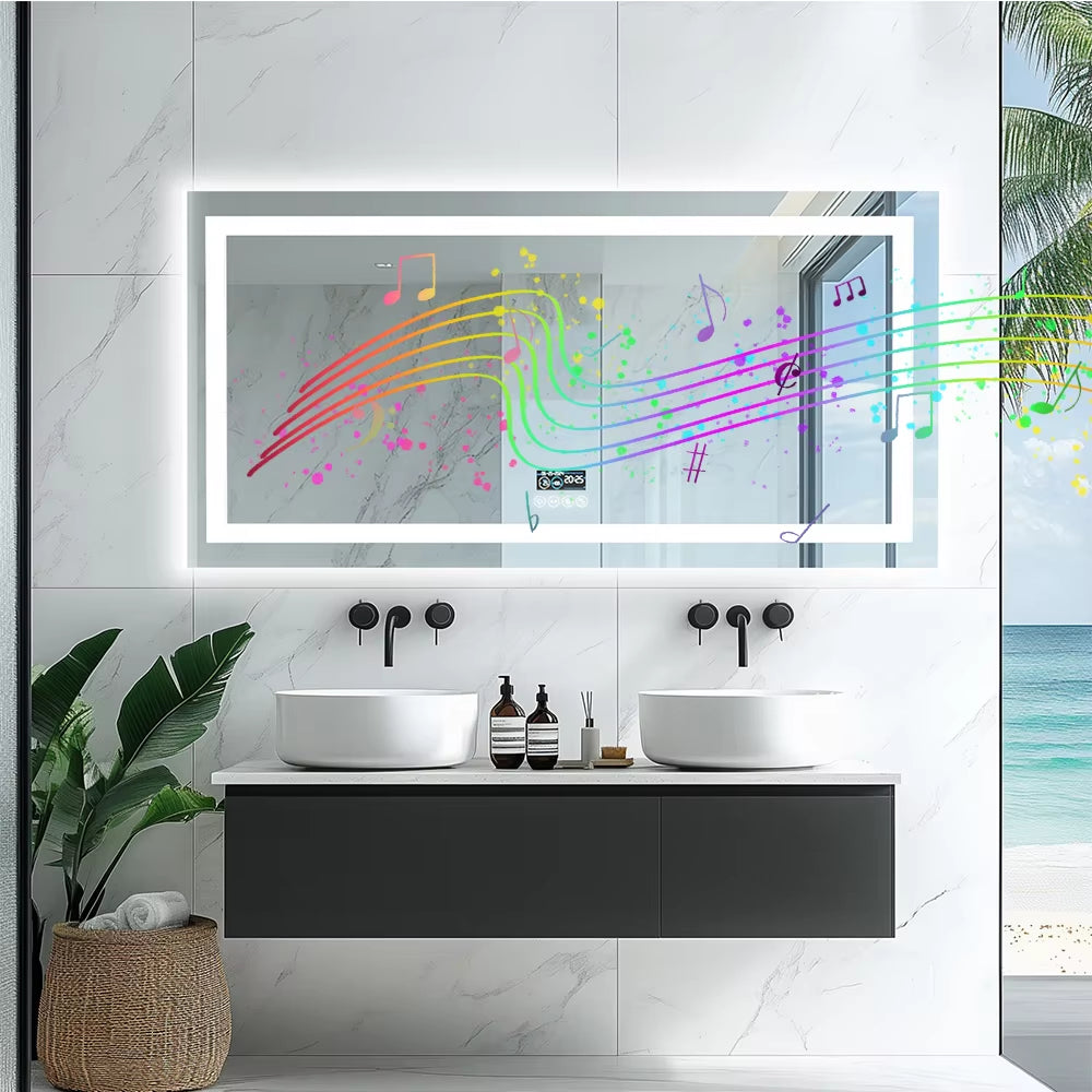 LED Bathroom Mirror with Lights Vanity Make up Mirror Dimmable, Smart Bluetooth Digital Display 3 Colors Memory