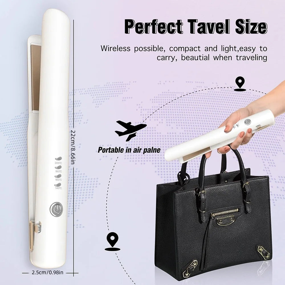 Professional 1.18 in Ceramics Flat Iron Hair Straightener, Wireless, Rechargeable, Portable, USB, White