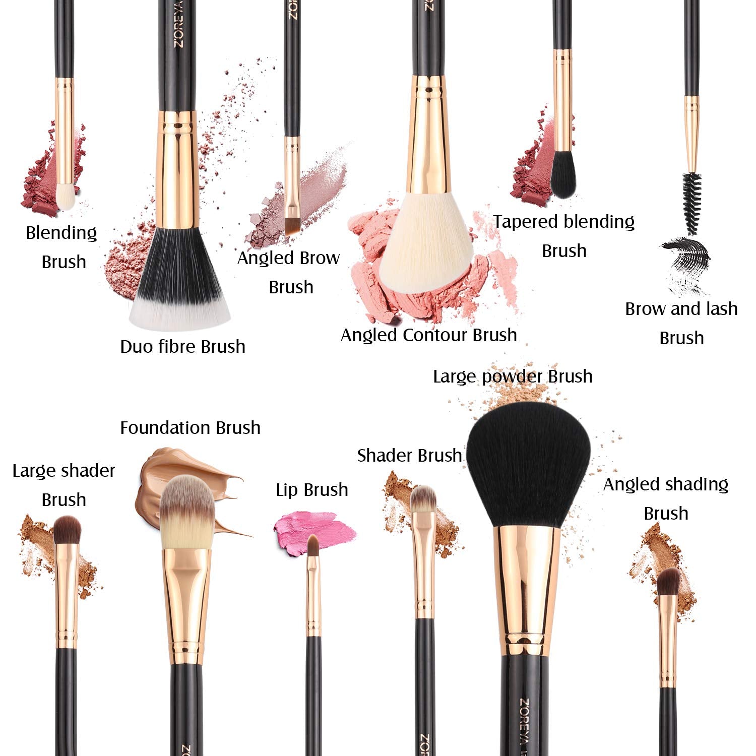 Premium Travel Makeup Brush Set 12 Pieces Essential Cosmetic Tools Synthetic Hair Foundation Powder Eye Cosmetic Brushes with Black Holder