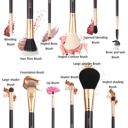 Premium Travel Makeup Brush Set 12 Pieces Essential Cosmetic Tools Synthetic Hair Foundation Powder Eye Cosmetic Brushes with Black Holder