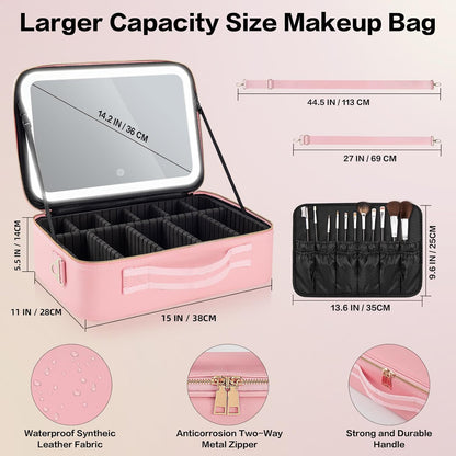 15''X11'' Large Capacity Makeup Bag with LED Mirror, Professional Makeup Case Organizer with 3 Color Light Adjustable Brightness, Travel Make up Cosmetic Case with Detachable Dividers & Shoulder Strap