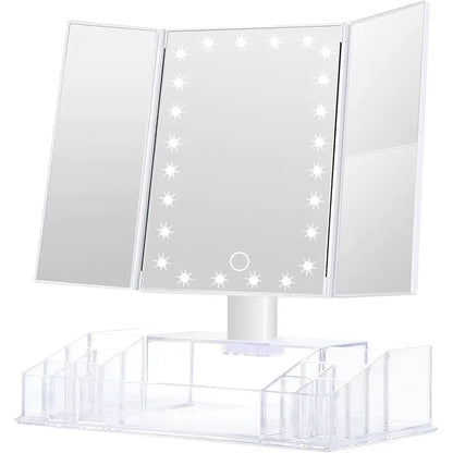 Makeup Mirror with Lights and Storage - 3X/2X Magnification, Tri-Fold Cosmetic Vanity Mirror with 24 Led Light, Touch Screen