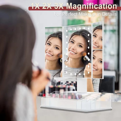 Makeup Mirror with Lights and Storage - 3X/2X Magnification, Tri-Fold Cosmetic Vanity Mirror with 24 Led Light, Touch Screen