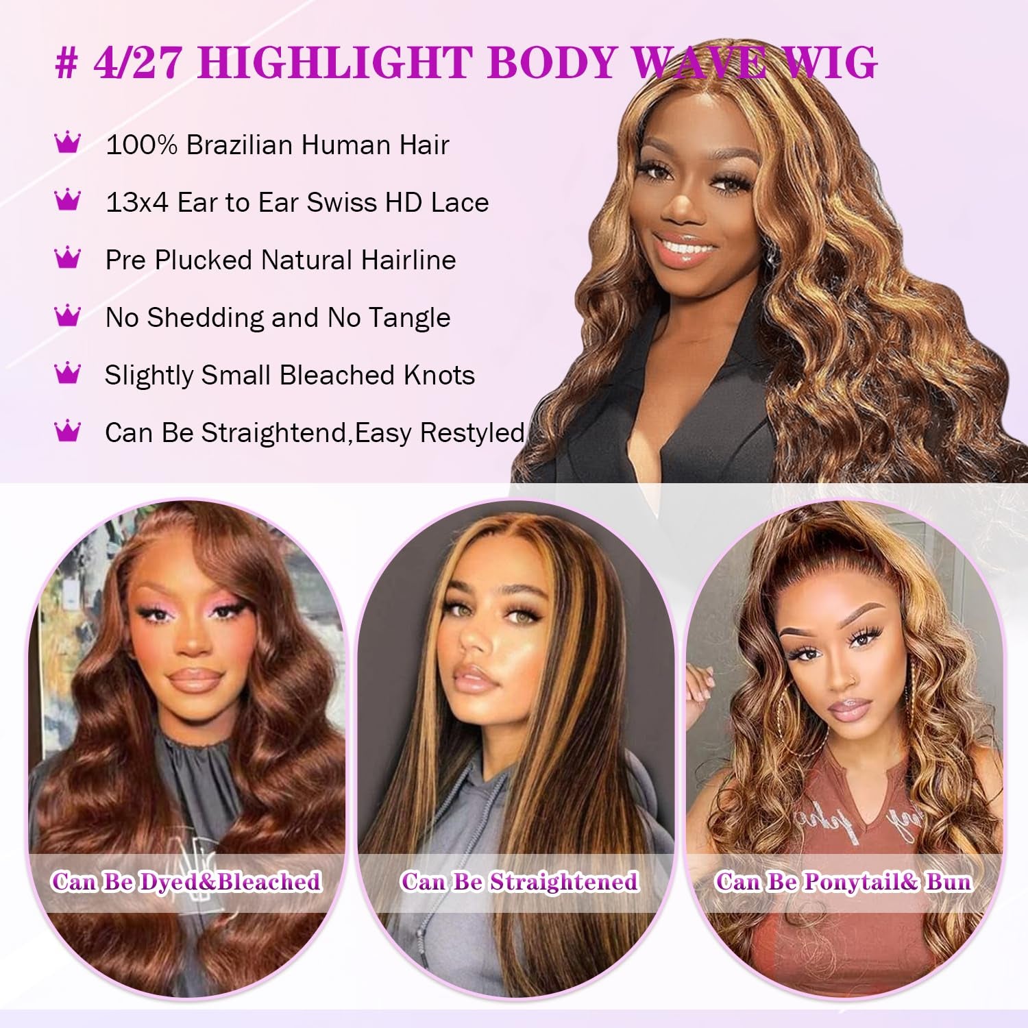 Ombre Lace Front Wig Human Hair 4/27 13X4 HD Body Wave Highlight Lace Front Wig Human Hair Pre Plucked with Baby Hair 180% Density Glueless Lace Front Wigs Human Hair 20Inch