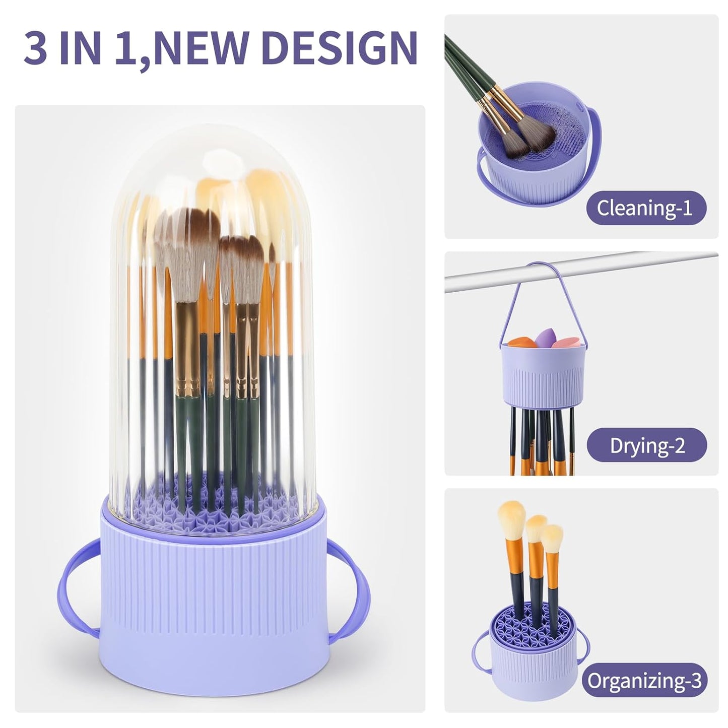 Makeup Brush Cleaner - 3 in 1 Silicone Makeup Brush Cleaner Mat, Makeup Brush Holder Organizer, Cosmetic Brush Dryer for Brushes, Powder Puffs, Sponges (Purple)