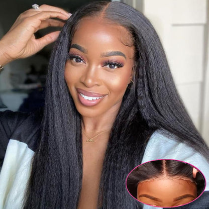 Wear and Go Glueless Wig 180% Density Kinky Straight 5X5 Hd Lace Closure Wigs Human Hair for Beginners Glueless Wigs Human Hair Pre Plucked Pre Cut Lace for Black Women Natural Color 30Inch