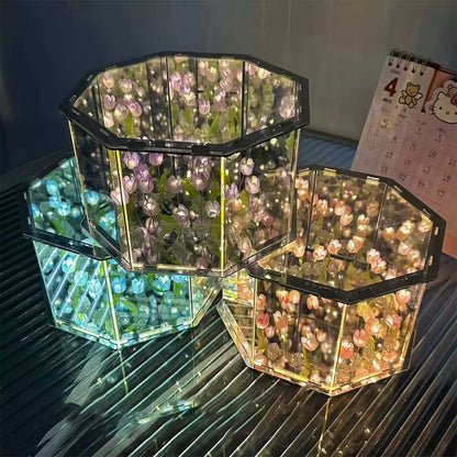 DIY LED Tulip/Rose Mirror Night Light Magic Cube Mirror Handmade Cube Lamp Atmosphere Night Light Simulation Flower for Bedroom