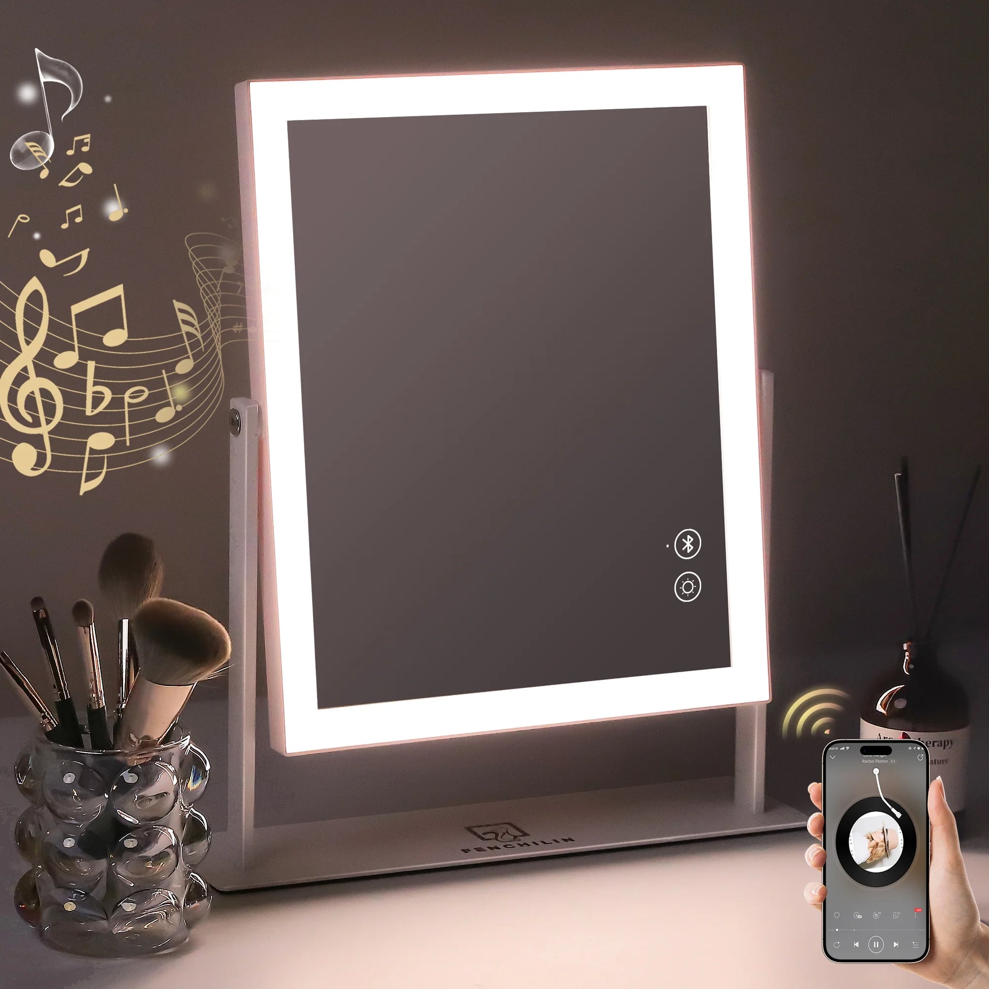 12''X14'' Vanity Makeup Mirror with Lights Bluetooth Metal Tabletop White