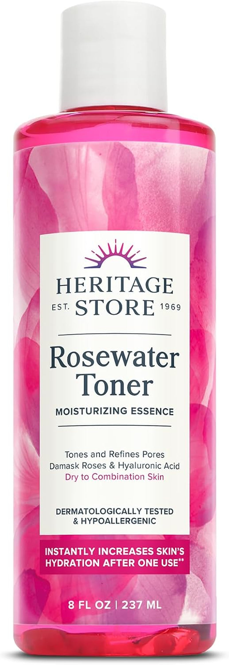 Rosewater Facial Toner with Hyaluronic Acid, Dry to Combination Skin, Hydrating Toner Refines Pores, Minimizes Look of Fine Lines and Wrinkles, Hypoallergenic, Vegan, Cruelty Free, 8Oz