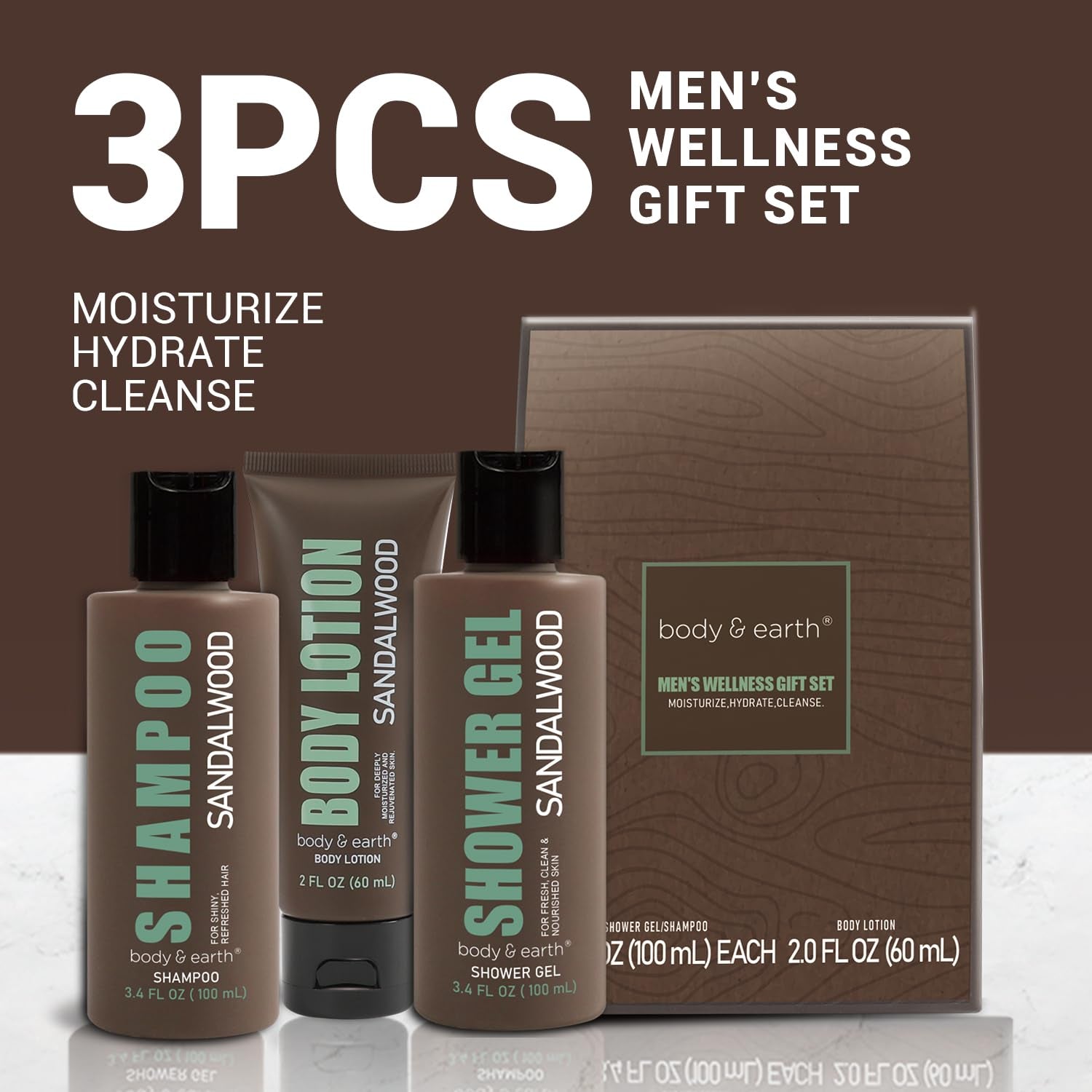 Bath Gifts for Men, 3PC Mens Spa Set Includes Sandalwood Shower Gel Body Lotion Shampoo, Spa Baskets Fathers Day Gifts