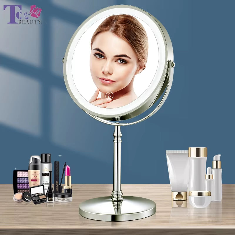 8 Inch Gold Makeup Mirror with Light USB Charging 10X Magnifying Vanity Mirror Backlit Adjustable Light Standing Cosmetic Mirror