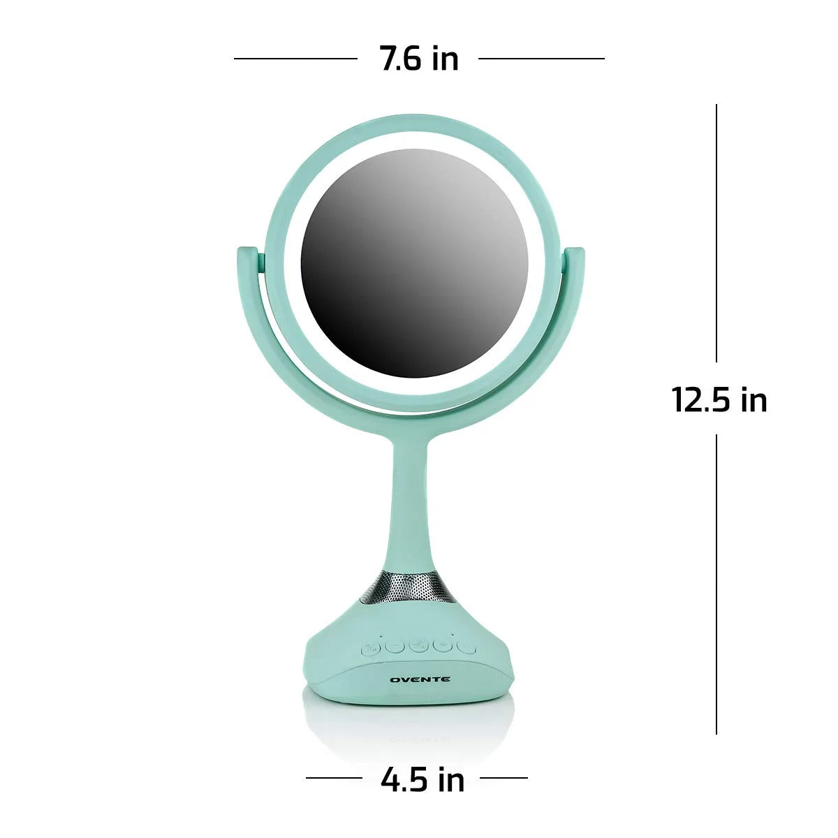 6" Lighted Tabletop Mirror, 1X & 5X Magnifier, Adjustable Spinning Double Sided round LED, Built-In Wireless Speaker and MP3 Audio, Rechargeable, USB Operated, Blue MRT06BL1X5X