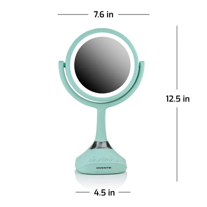 6" Lighted Tabletop Mirror, 1X & 5X Magnifier, Adjustable Spinning Double Sided round LED, Built-In Wireless Speaker and MP3 Audio, Rechargeable, USB Operated, Blue MRT06BL1X5X