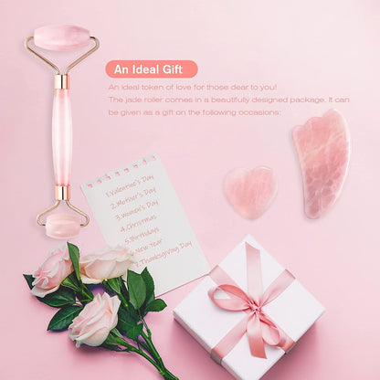 Jade Roller and Gua Sha Set - anti Aging Rose Quartz Face Roller Massager & Guasha Tool for Face, Eye, Neck - Natural Beauty Skin Care Tools Body Muscle Relaxing Relieve Wrinkles (Pink)