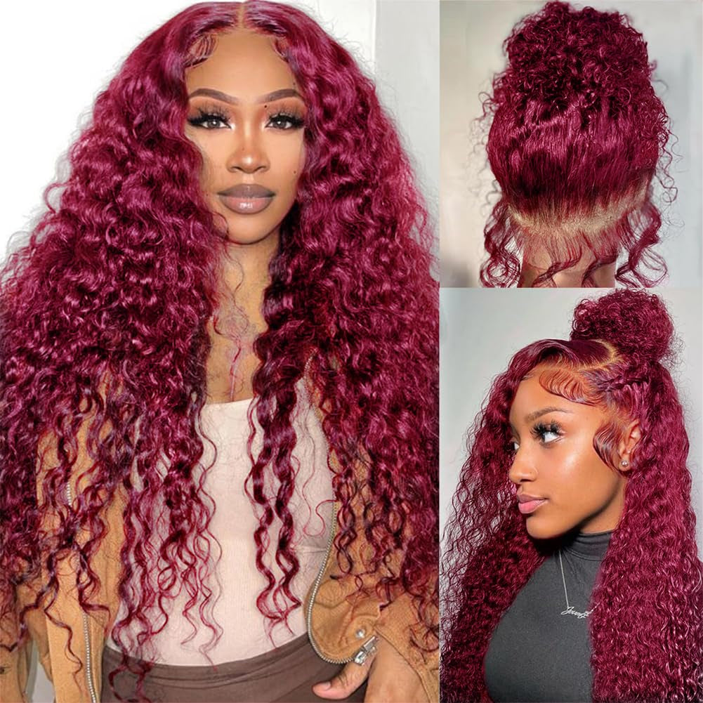 250% Density Deep Wave Lace Front Wigs Human Hair 360 Full Lace Deep Curly Wave Human Hair Glueless Wigs Human Hair Pre Plucked with Baby Hair 360 99J Burgundy Wet and Wavy Human Hair Wig