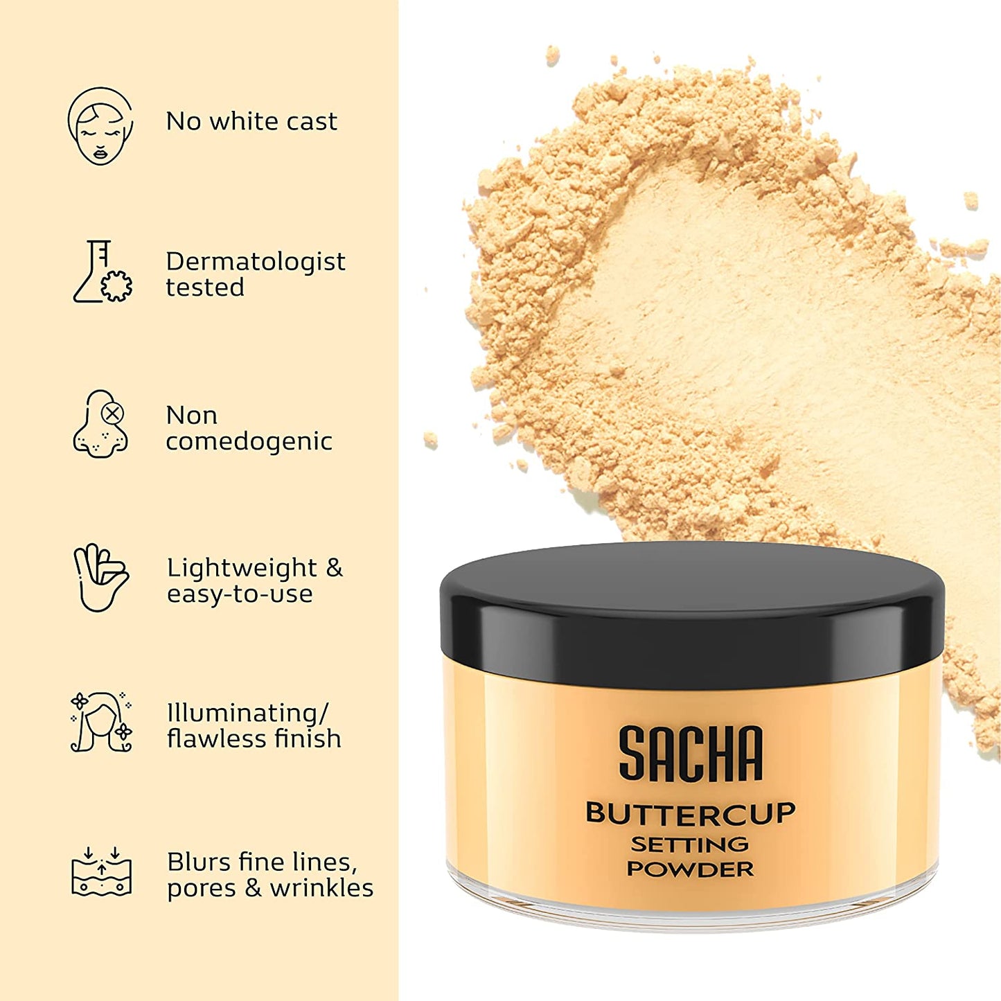 Sacha BUTTERCUP Setting Powder. No Ashy Flashback. Blurs Fine Lines and Pores. Loose, Translucent Face Powder to Set Makeup Foundation or Concealer. for Medium to Dark Skin Tones, 1.75 Oz.