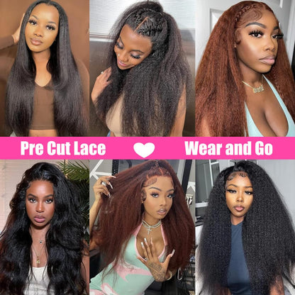 Wear and Go Glueless Wig 180% Density Kinky Straight 5X5 Hd Lace Closure Wigs Human Hair for Beginners Glueless Wigs Human Hair Pre Plucked Pre Cut Lace for Black Women Natural Color 30Inch