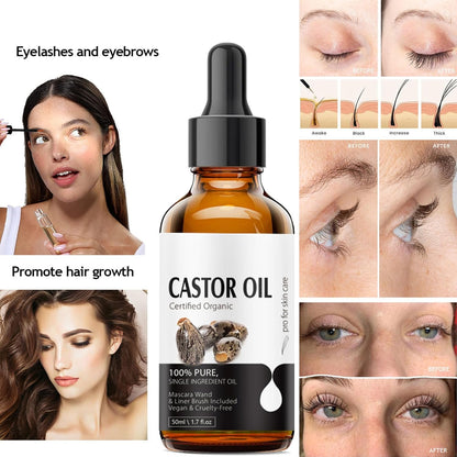 Castor Oil for Eyelashes Growth, 100% Organic Pure, with Mascara Tube, Serum for Long Thick Eyelashes, Hair Growth, Face and Body Skin Moisturizer, Nail Care, Travel Friendly