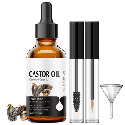 Castor Oil for Eyelashes Growth, 100% Organic Pure, with Mascara Tube, Serum for Long Thick Eyelashes, Hair Growth, Face and Body Skin Moisturizer, Nail Care, Travel Friendly