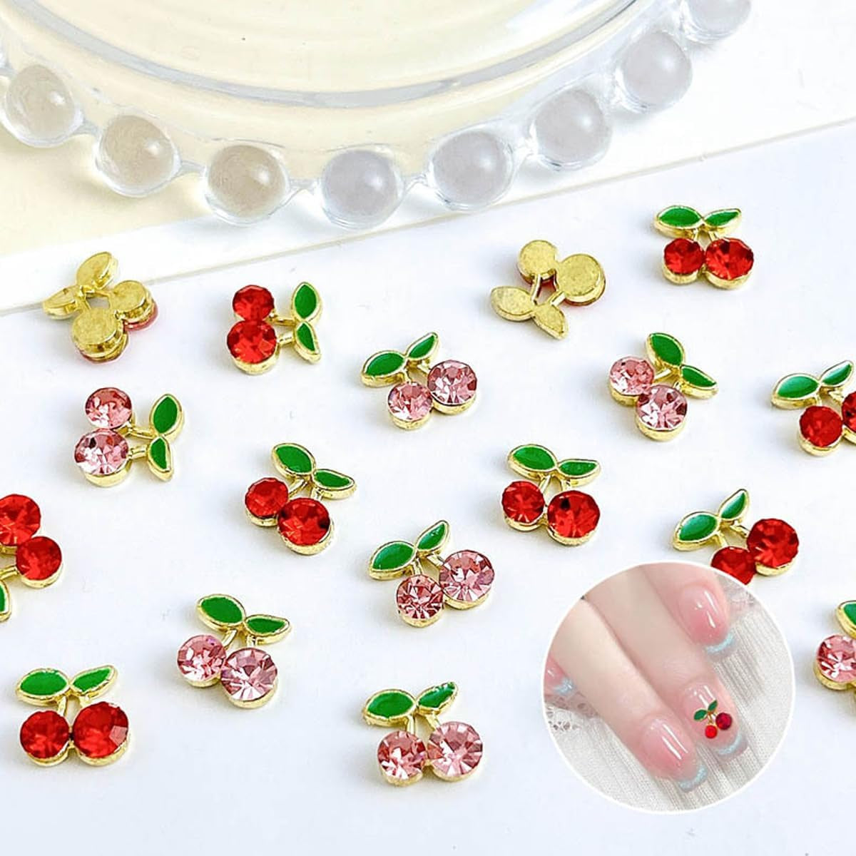 45 Pcs Cherry Nail Charms Rhinestone Red Pink Cherries Nail Art Gems Star Heart Planet Pearl Nail Jewelry Decorations Saturn Shape Acrylic Nail Accessories for Women Girl DIY Crafts Supplies B