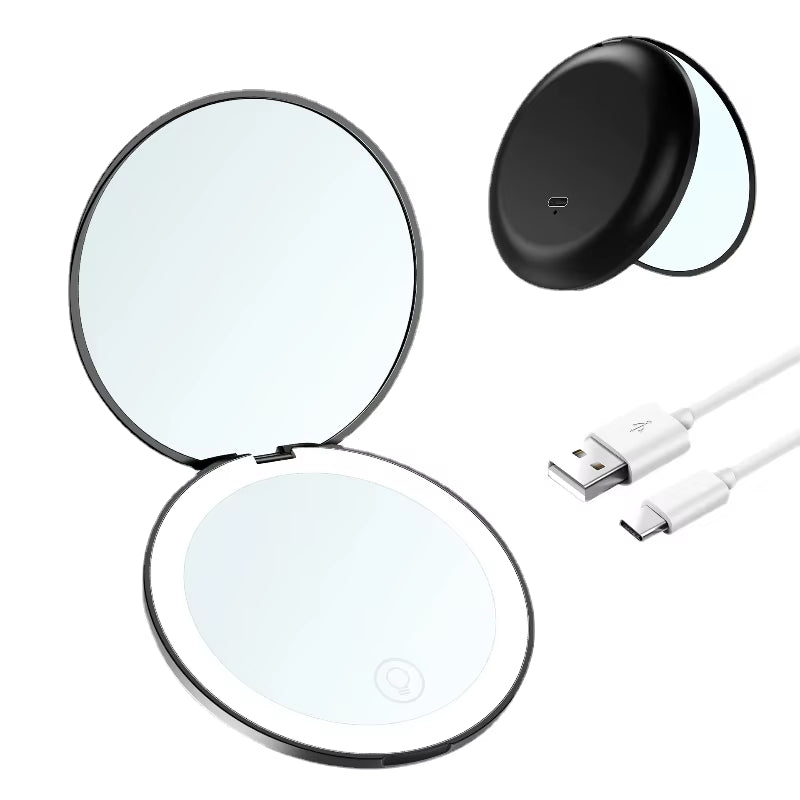 Mini Portable Folding Travel Mirror LED Light Makeup Mirror Compact Mirror 10X Magnification 2-Sided Beauty Makeup round Mirror