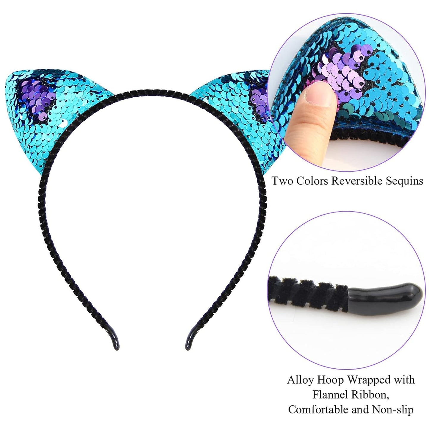 Reversible Sequin Cat Ears Headband Shiny Cat Ear Hair Hoops Cute Bling Hairband Hair Accessories for Women Girl