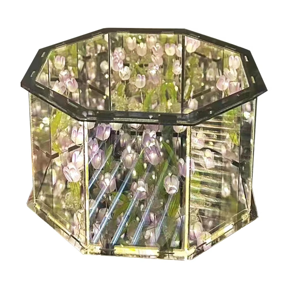 DIY LED Tulip/Rose Mirror Night Light Magic Cube Mirror Handmade Cube Lamp Atmosphere Night Light Simulation Flower for Bedroom