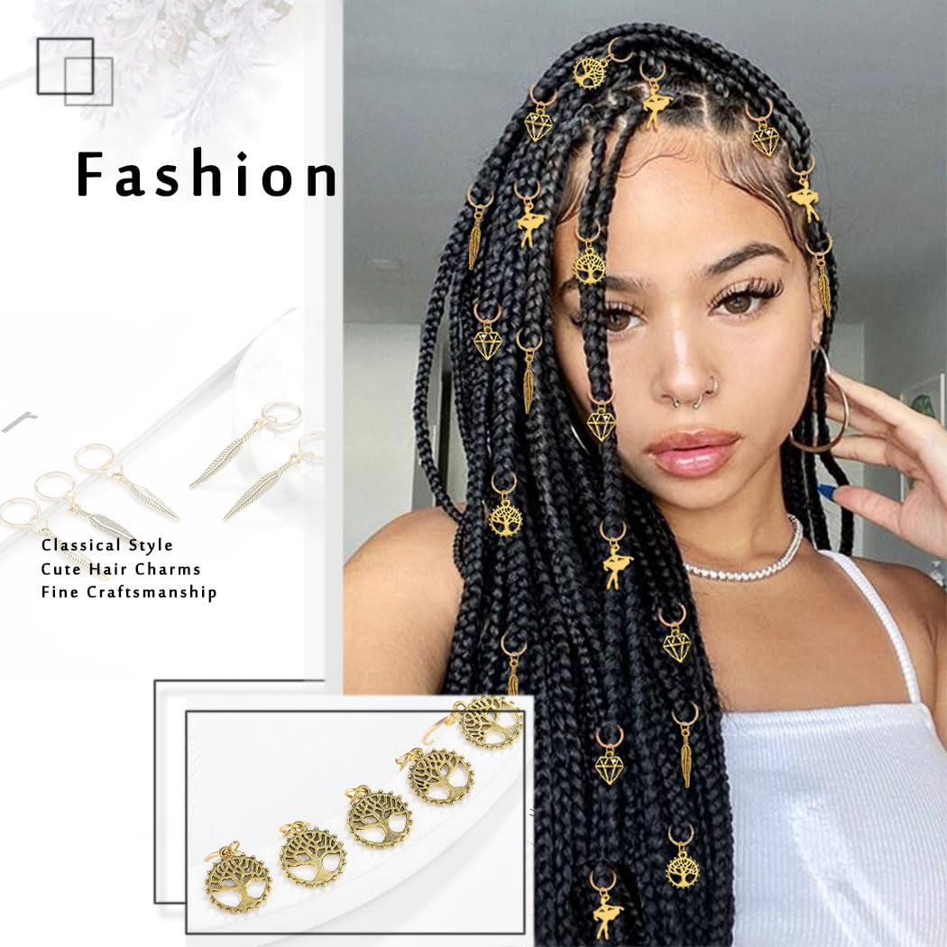 Feather Braid Accessories Gold Tree of Life Loc Hair Charms Jewelry Diamond African Dreadlock Ring Clips for Black Women (Pack of 20)