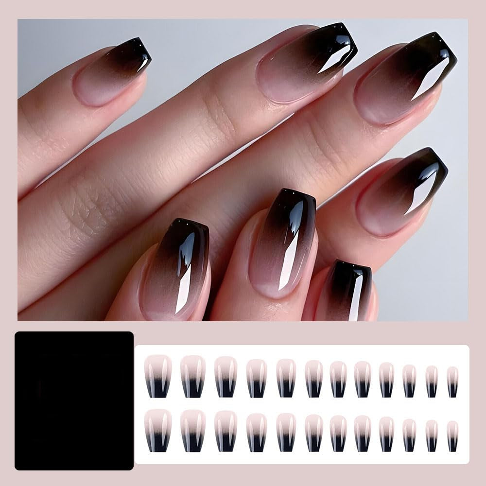 24 Pcs Black White Ombre Press on Nails Short Square -  Summer Fake Nails Press Ons Nails Tips Design Full Cover French False Nails Glue on Nails Stick on Nails Acrylic Nail Art DIY for Women